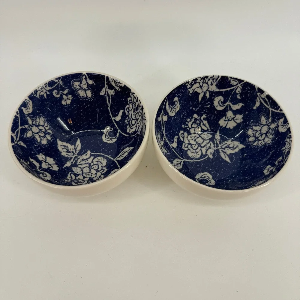 Pier 1 Batik Cereal Bowls Set of 2 Cream Navy Blue Floral Earthenware Brazil